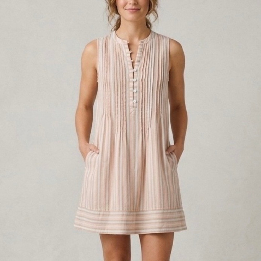 Faherty Isha Organic Cotton Striped Pintuck Sleeveless Shift Dress Peach Blue XS